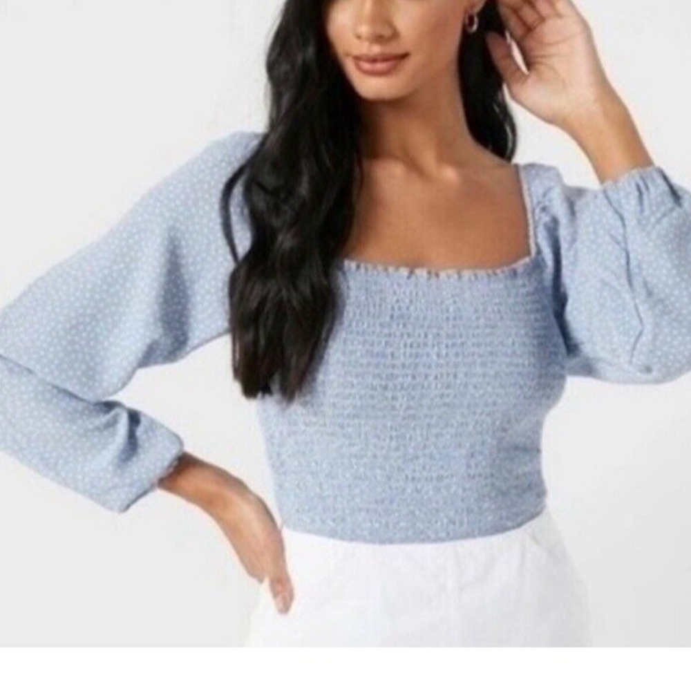 American Eagle Dolka Dot Smocked Top Women's XL Blue Off the Shoulder Retro 90s